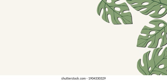 Floral web banner with drawn color exotic monstera leaves. Nature concept design. Modern compositions with summer tropical branches. Vector illustration on the theme of ecology, natura, environment.