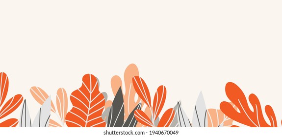 Floral web banner with drawn color exotic leaves. Nature concept design. Modern floral compositions with summer branches. Vector illustration on the theme of ecology, natura, environment.