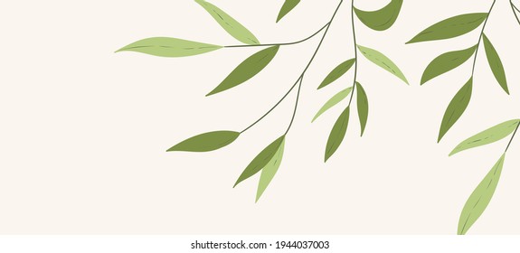 Floral web banner with drawn color exotic leaves. Nature concept design. Modern floral compositions with summer branches. Vector illustration on the theme of ecology, natura, environment.