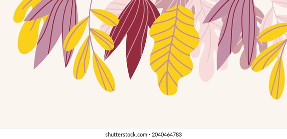 Floral web banner with drawn color exotic leaves. Nature concept design. Modern floral compositions with summer branches. Vector illustration on the theme of ecology, natura, environment.