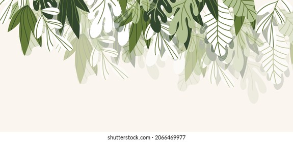 Floral web banner with drawn color exotic leaves. Nature concept design. Modern floral compositions with summer branches. Vector illustration on the theme of ecology, natura, environment.