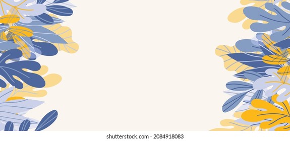 Floral web banner with drawn color exotic leaves. Nature concept design. Modern floral compositions with summer branches. Vector illustration on the theme of ecology, natura, environment.