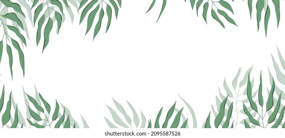 Floral web banner with drawn color exotic leaves. Nature concept design. Modern floral compositions with summer branches. Vector illustration on the theme of ecology, natura, environment.