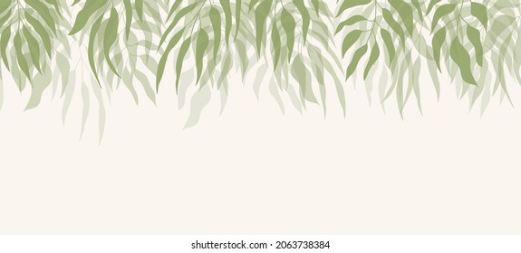 Floral web banner with drawn green exotic leaves. Nature concept design. Modern floral compositions with summer branches. Vector illustration on the theme of ecology, natura, environment.