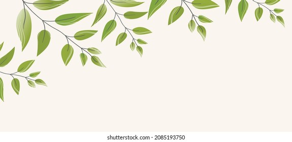 Floral web banner with drawn green exotic leaves. Nature concept design. Modern floral compositions with summer branches. Vector illustration on the theme of ecology, natura, environment.