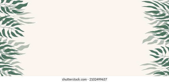 Floral web banner with drawn green exotic leaves. Nature concept design. Modern floral compositions with summer branches. Vector illustration on the theme of ecology, natura, environment.