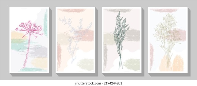 Floral wedding boho invitation card, dry flowers template design with dahlia, anemone, frame set. Colorful geometric background, vector illustration.
