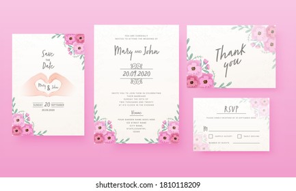 Floral Wedding Card Design Like As Save The Date, Venue, Thank You And RSVP.