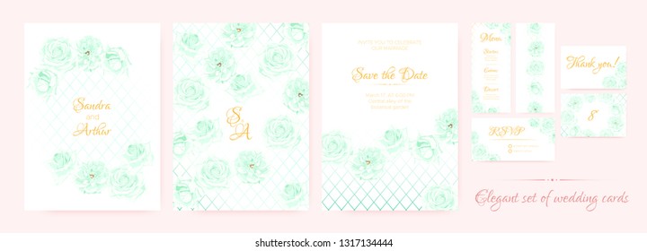 Floral Wedding Card, Fresh Invite Templates in Pastel Colors Design. Roses Flowers Border, Floral Decorative Frame. Vector Rustic Marriage Invitation, Romantic Banner. Floral Save the Date Collection.