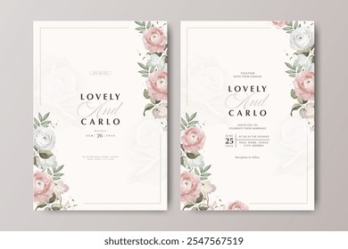 floral wedding card set template with ranunculus flower and creamy background