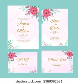 Floral Wedding Card Suites On Turquoise Background.