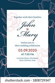 Floral Wedding Card, Template or Flyer Layout with Event Details in White and Blue Color.