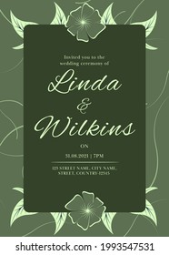 Floral Wedding Card Template Layout With Venus Details In Green Color.