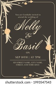 Floral Wedding Card Template Layout With Venue Details In Brown Color.
