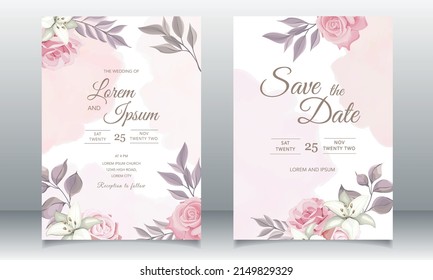 Floral wedding card template with pink roses