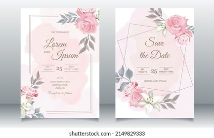 Floral wedding card template with pink roses