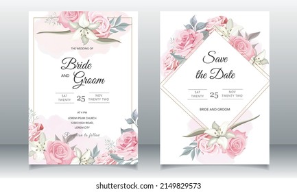 Floral wedding card template with pink roses