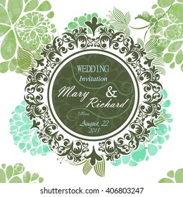 Floral wedding card watercolor. Round Vintage wedding frame. Vector