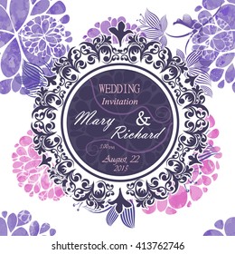 Floral wedding card watercolor. Round Vintage wedding frame. Vector