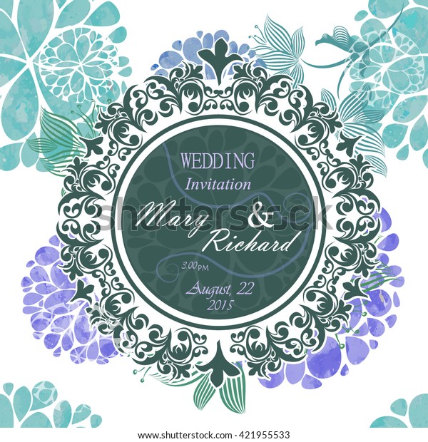 Floral wedding card watercolor. Round Vintage\
wedding frame. Vector