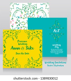 Floral wedding cards: invitations, frames and wrapping paper, summer style design, vector illustration