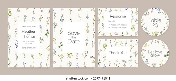 Floral wedding cards and labels set. Invitations and tags backgrounds with flowers frames. Spring romantic Save the Date, RSVP templates designs for marriage party. Flat graphic vector illustrations