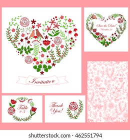 Floral wedding cards set. Save the date card,  Invitation card, Table number card, Thank you card, and floral seamless pattern. Romantic backgrounds. Vector illustration