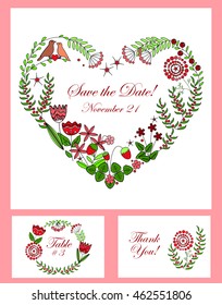 Floral wedding cards set. Save the date card,  Table number card, and Thank you card. Romantic backgrounds. Vector illustration