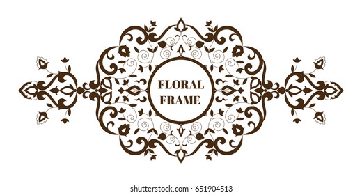 Floral wedding frame vector. Oriental outline ornament with flowers motif. Indian design for greeting card, wedding, save the date, bridal shower invitation, spa beauty, massage or yoga salon.