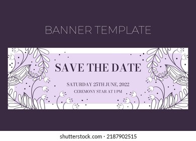 Floral wedding horizontal banner template in hand drawn doodle style, Save tha date invitation card design with line flowers, leaves, fern and dots. Vector frame on white and lilac