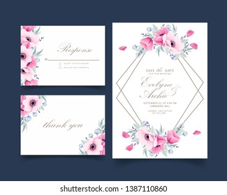 floral wedding invitation with anemone and poppy flowers