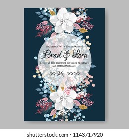 Floral wedding invitation autumn white anemone blue leaves