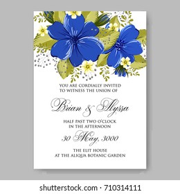Floral wedding invitation beautiful blue lilies anemone flower