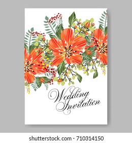 Floral wedding invitation beautiful violet anemone flower