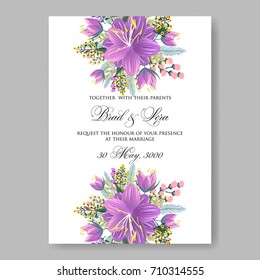 Floral wedding invitation beautiful violet hibicus anemone flower