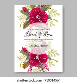 Floral wedding invitation beautiful violet hibicus anemone flower