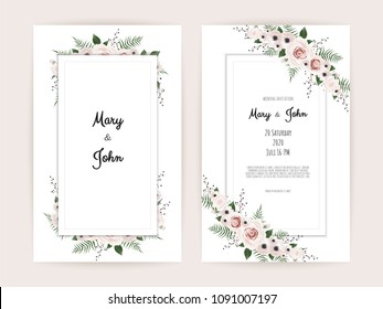 Floral Wedding Invitation. Botanical card vector Design garden pink, peach Rose flower, anemones ,green Eucalyptus, tender greenery.