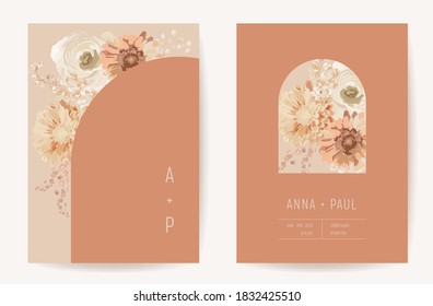 Floral wedding invitation botanical card, boho dry flowers and leaves poster, frame set, modern minimal terracotta template vector. Save the Date golden foliage trendy design, luxury brochure