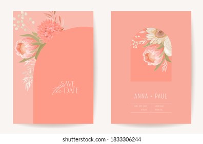 Floral wedding invitation botanical card, boho dry flowers and leaves poster, frame set, modern minimal terracotta template vector. Save the Date golden foliage trendy design, luxury brochure