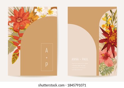 Floral wedding invitation botanical card, boho tropical palm dry leaves poster, frame set, modern minimal terracotta template vector. Save the Date golden foliage trendy design, luxury brochure