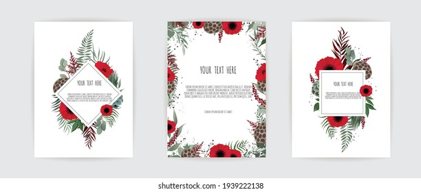 Floral Wedding Invitation. Botanical card vector Design garden pink, peach Rose flower, anemones ,green Eucalyptus, tender greenery