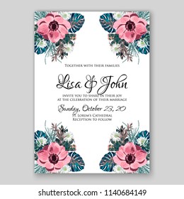 Floral wedding invitation or bridal shower card vector template peony anemone rose