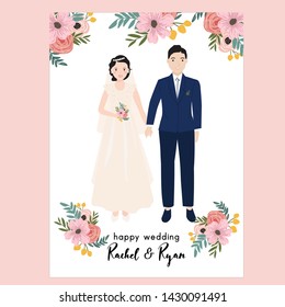 floral wedding invitation with bride and groom portrait illustration. also suitable for poster, gift, print, etc