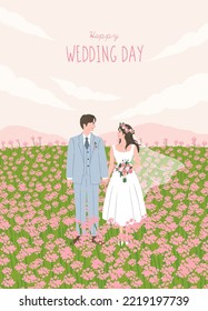 floral wedding invitation with bride and groom portrait illustration. landscape of Spring field and wild flowers. For poster, gift, print, card, banner, cover background. Hand drawn style. Flat vector
