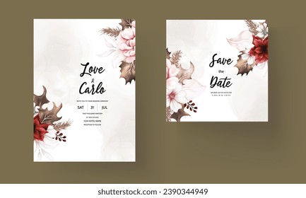 floral wedding invitation with brown foliage