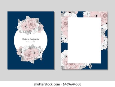 Floral wedding invitation card with blue background and pink and gray tone color of  flowers bouquet. 