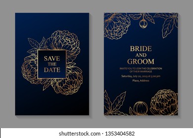 Floral wedding invitation card design with golden peonies on a dark blue background.