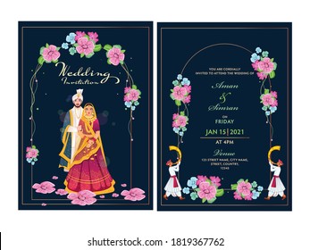 Floral Wedding Invitation Card Design Set with Indian Couple Image and Venue Details.
