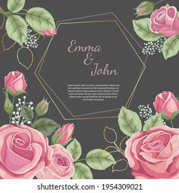 Floral wedding invitation card design template, pink roses flowers with leaves on dark back. Golden geometric frame in center. Vintage feeling design. Vector illustration.