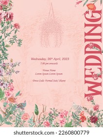 Floral Wedding Invitation Card Design on a Pink Background Vector Illustration.